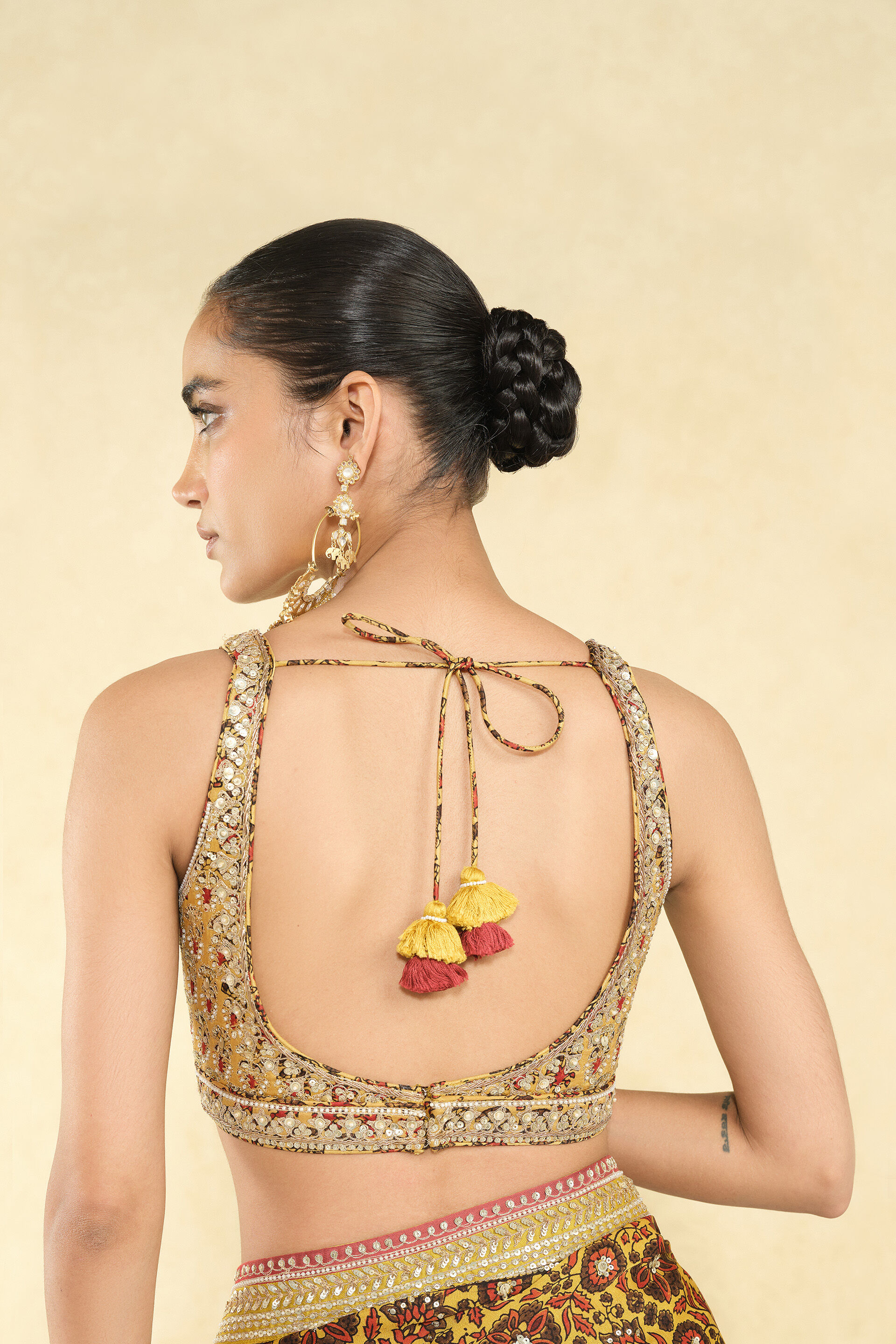 Kasano Ajrakh Hand-block Printed Silk Choli - Mustard, Mustard, image 3